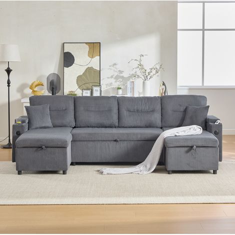4 Sitzer Sofa (272x136x86 cm), mit Stauraum, Getränkehaltern und USB Type C Anschluss, Cord, Carbon Grau (1/5)