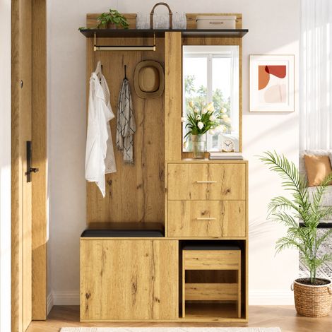 Mueble de recibidor multifunción 100 x 40 cm MDF natural con LED y espejo - CHICFURN (1/5)