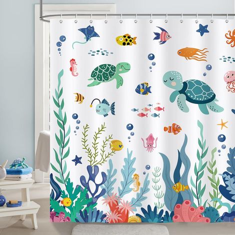 CCYKXA Duschvorhang mit Meeresmotiven für Kinder, Polyestergewebe, schimmelresistent, wasserdicht, waschbar, Badezimmervorhang, 180 x 180 cm mit 12 Badewannenhaken (1/4)