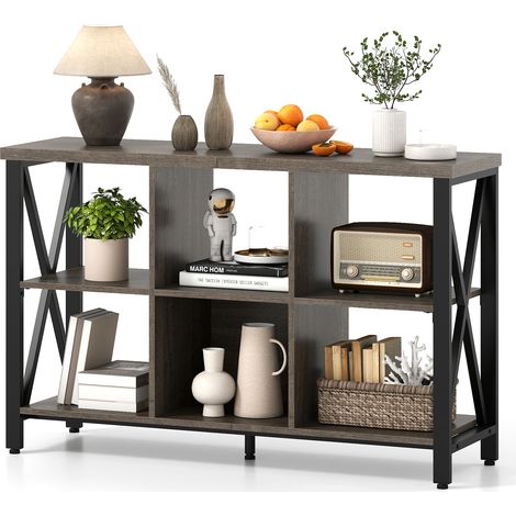 COSTWAY 6-Cube Storage Organizer 120CM Wide Bookshelf w/Open Compartments-Grey (1/5)