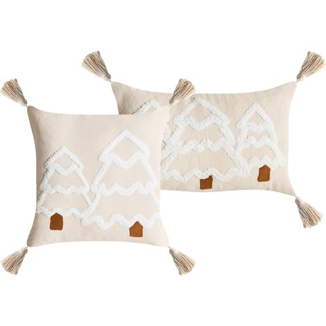 Set di 2 cuscini decorativi in cotone con motivo natalizio Rettangolari Quadrati 30/45 x 50/45 cm Beige chiaro e bianco Intsia