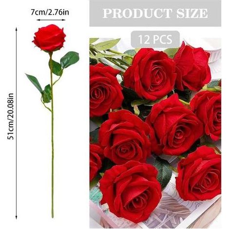 12 Pièces Rose Artificielle, 51 cm Fleurs Artificielles Deco, Rose Eternelle, Réalistes Fleur Sechees Decoration, Decoration Voiture Mariage, pour Mariage, Maison, Bouquets de Mariée (Rouge) (1/4)