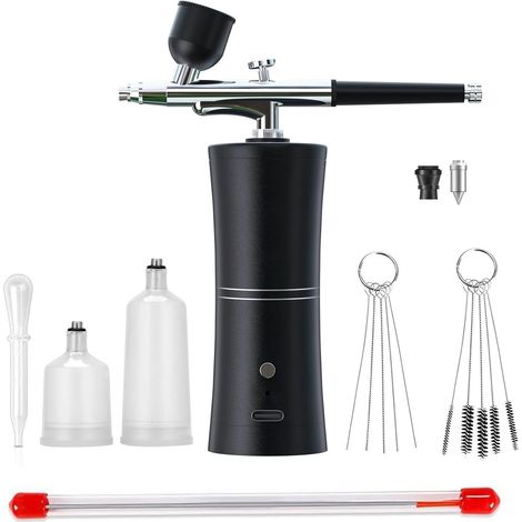 Kit Aérographe Sans Fil, Batterie 900mAh, Compresseur 3 Niveaux 18-25PSI, Buse 0.3mm, 3 Godets Interchangeables, Facile à Nettoyer, Précis pour Détails Ongles Maquillage Modélisme Gâteau (1/5)