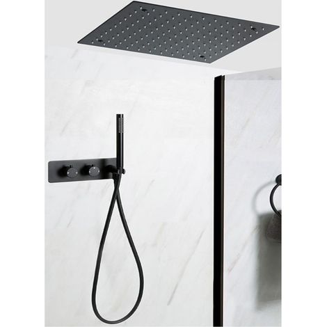 Milano Nero 2 Outlet Twin Diverter Thermostatic Mixer Valve with 400mm Square Recessed Ceiling Mounted Rainfall Shower Head and Hand Shower Handset Kit - Black (1/4)