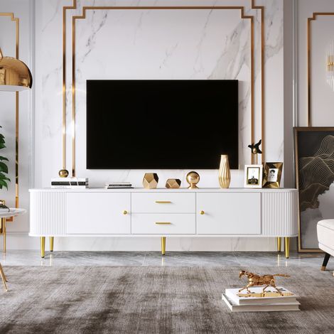 Meuble TV L 170cm - 2 tiroirs et 2 portes - poignées et pieds dorés - Blanc (1/5)