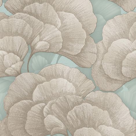 Papel pintado floral Profhome RE521015-DI papel pintado vinílico estampado en caliente tejido non tejido gofrado con ornamentos florales y efecto nacarado azul turquesa-pastel blanco perla 5,33 m2