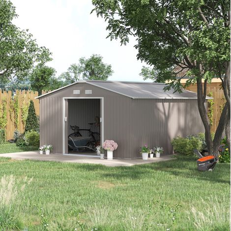 Caseta de jardín 340x386x200 cm, puertas correderas, ventilación con aberturas, acero gris claro (1/5)