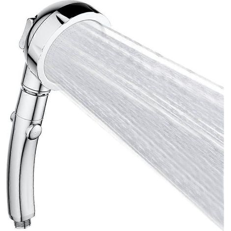 Pommeau de douche rond chromé avec pression accrue et bouton de commande (1/4)