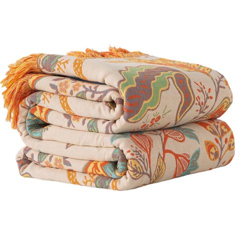 Plaid Boho 150 × 200 cm, Coton Ultra Doux à Franges Brodées, Jeté Style Bohème Floral Rustique pour Canapé et Fauteuil, 1 Pièce (1/5)