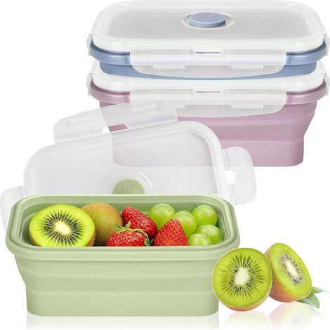 3 Pièces Boîte à Lunch Pliable, 550ML Contenants Alimentaires Pliables avec Couvercle, Lunchbox Pliable, Boîte Repas Pliable, Set de Récipients Alimentaires en Silicone (Vert, Rose, Bleu) (1/5)