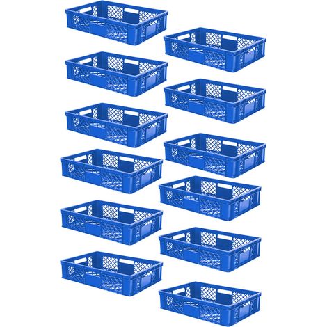 BRB 12x Eurobehälter durchbrochen/Stapelkorb, PE-HD blau, Industriequalität, lebensmittelecht, LxBxH 600x400x150 mm