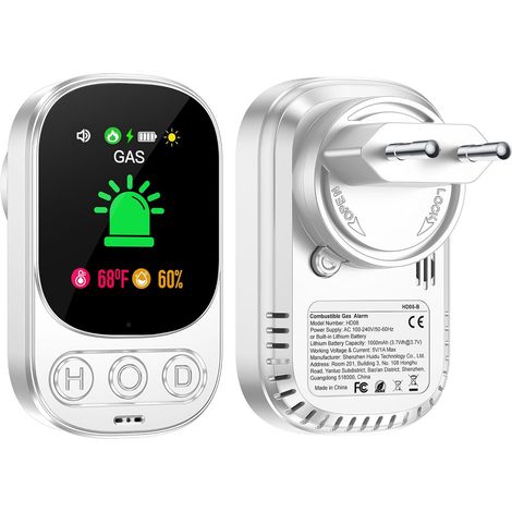 Détecteur de gaz combustible avec prise pour usage domestique, alarme gaz, pour gaz naturel, GPL, méthane, propane, butane, avec batterie rechargeable, blanc, HD05-B (1/5)