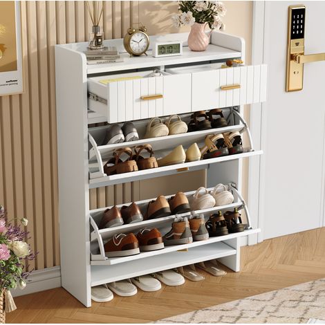 Zapatero 75 × 24 × 108,5 cm blanco con 2 compartimentos abatibles, cajón y hueco abierto (1/5)