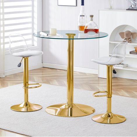 Bar-Set mit rundem Glastisch 89 cm und 2 höhenverstellbaren, drehbaren Hockern, goldfarben (1/5)
