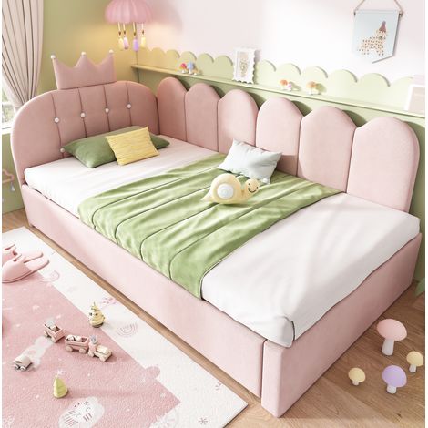 Cama diván en terciopelo rosa 90x200 cm con cama nido 90x190 cm, cabecero corona y diseño de rejilla