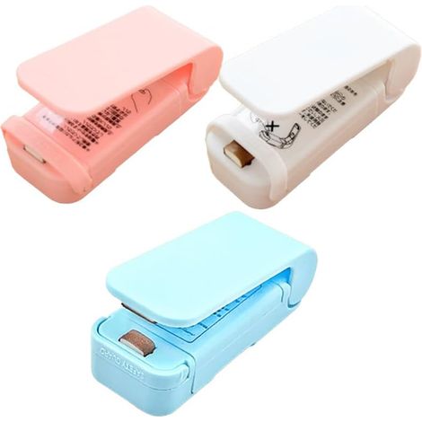 Lot de 3 mini-scelleuses — scelleuse thermique portable pour sacs plastiques Scelleuses pour chips Scelleuses à piles (rose, blanc, bleu) (1/5)