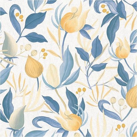 Flowers wallcovering wall Profhome 790626 hot embossed non-woven wallpaper slightly textured with floral ornaments matt cream blue pastel yellow gold 5,33 m2 (1/5)