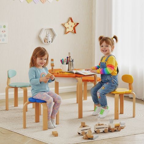Mesa y 4 sillas infantiles de madera con forma de flor, multicolor, con almacenaje, OKWISH (1/5)