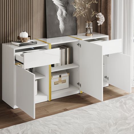 Buffet laqué brillant 3 portes 2 tiroirs avec étagères réglables, meuble de rangement, 160 x 40 x 78 cm, MDF, blanc et doré