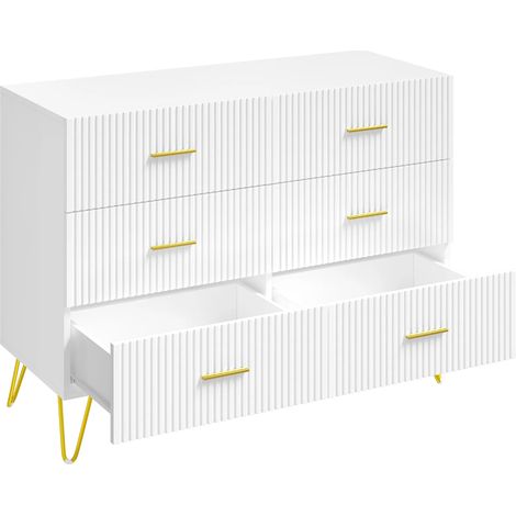 Kommode mit 6 Schubladen, Geriffelten Fronten, Metallfüßen und Goldenen Griffen, Weiß und Gold, 100 x 40 x 75 cm (1/5)