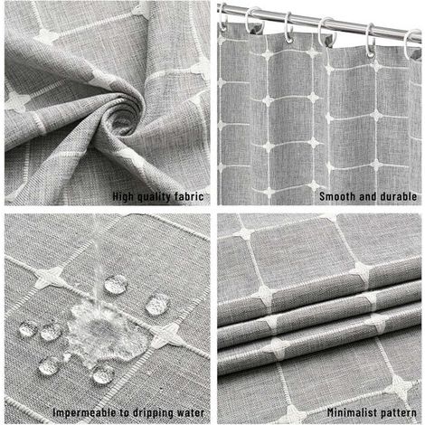 Tenda da doccia in stile boho con dettagli in nappa, robusta tenda da doccia in tessuto a righe rustico (grigio) 180x180cm (1/2)