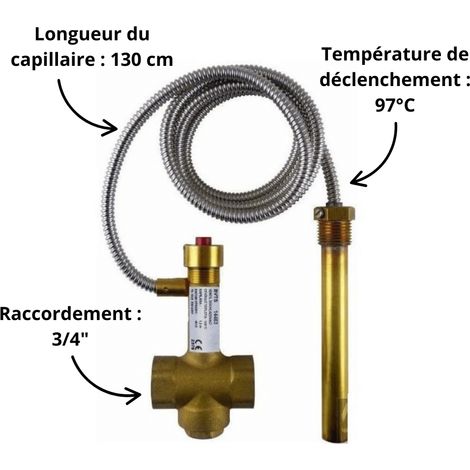 Soupape de sécurité thermique 3/4' – Pression max 3 bars – Température de déclenchement 97°C – Longueur capillaire 130 cm