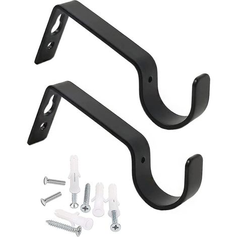 lot de 2 support tringle à rideau, fixation murale en fer noir, avec vis et chevilles, pour salon chambre bureau (1/5)