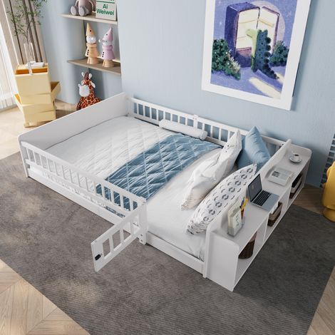Lit enfant 223/145/45 cm blanc en bois de pin et MDF avec rangement ouvert (1/5)
