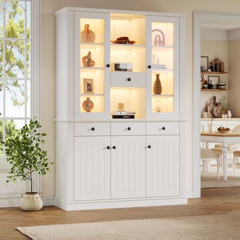 Vitrina con 4 Cajones y 5 Puertas, Estantes Ajustables, LED, Salón, 119,5×40×180 cm, MDF, Blanco (1/5)