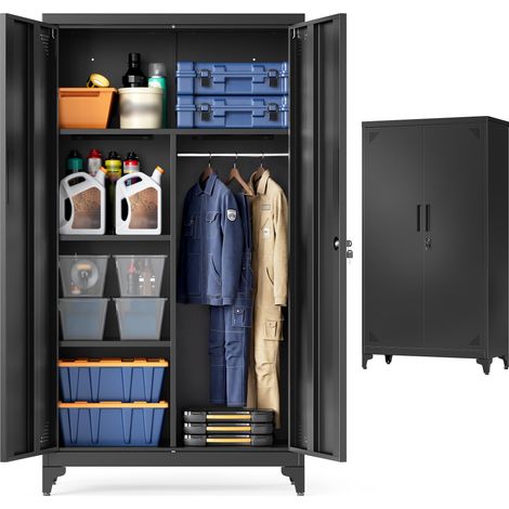 SONGMICS Armadio Multiuso, Guardaroba, Mobile da Ufficio in Metallo, con 2 Ante, 5 Scomparti, Barra Appendiabiti, Chiusura a Chiave, Piedini Alti, 80 x 40 x 165 cm, Nero Opaco OMC018BD01 (1/5)