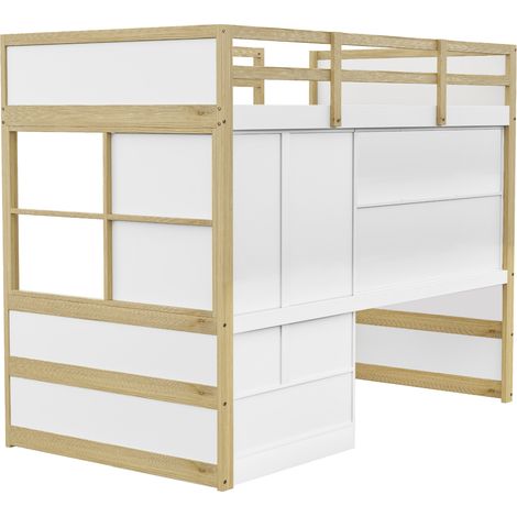 Cama alta 90 x 200 cm con escritorio, armario y cajones, madera natural y blanco (1/5)