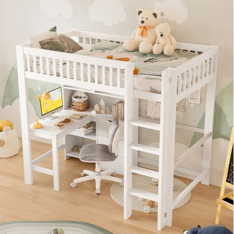 Cama alta moderna de pino blanco 90x200 cm con escritorio, 3 cajones, estantes abiertos y escalera