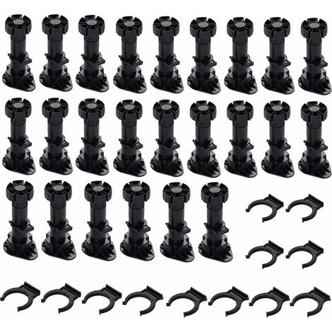 24er-Pack verstellbare Möbelbeine aus schwarzem, dickem Kunststoff mit Clip-Halterung für Küchen- oder Badezimmermöbel, Kleiderschrank und Sofa (120–150 mm)