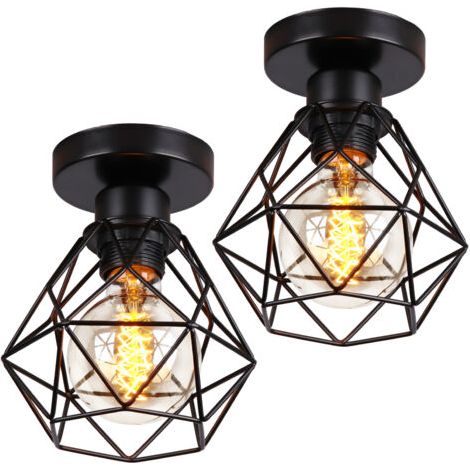 royaluxe- 2PCS Plafonnier Rétro Vintage Lampe de Plafond Cage en Métal Luminaire Plafonnier Moderne Ampoule E27, Lustre D'Intérieur Noir (1/5)