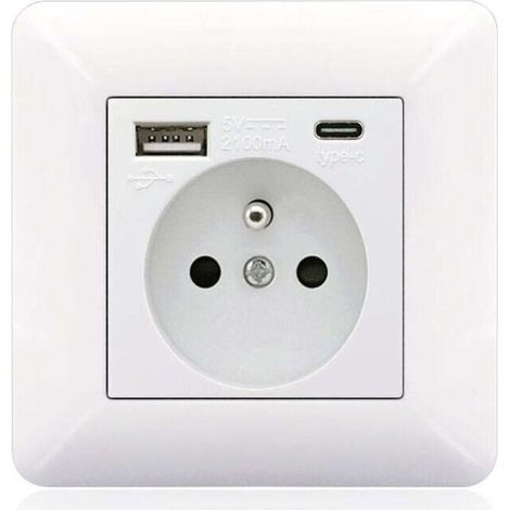 Panneau de prises françaises Type-c+USB16A Type 86, nombre de prises : 2 trous, nombre de ports USB : 1, nombre de ports type-c : 1, (arc blanc)