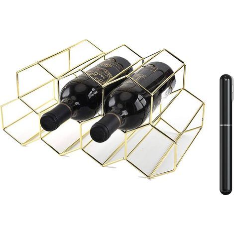 Botellero metálico para 9 botellas con sacacorchos, botellero independiente, diseño geométrico, soporte para botellas de vino (dorado) (1/5)