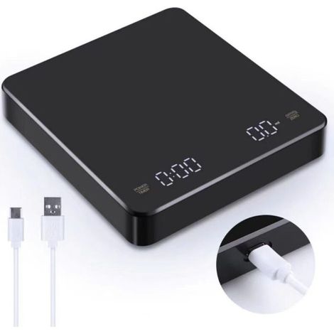 Digitale Küchenwaage mit Timer, 3 kg/0,1 g Genauigkeit, wiederaufladbar, ideal für Filterkaffee und Pour-Over-Kaffee, mit Tara-Funktion und LED-Anzeige. (1/4)