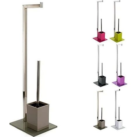 Combiné WC 2 en 1 INOX - Support WC avec Récipient Amovible - Brosse et Dérouleur Papier - Verre Taupe - Ø30 cm - Hauteur 70 cm - Design Moderne et Polyvalent (1/5)