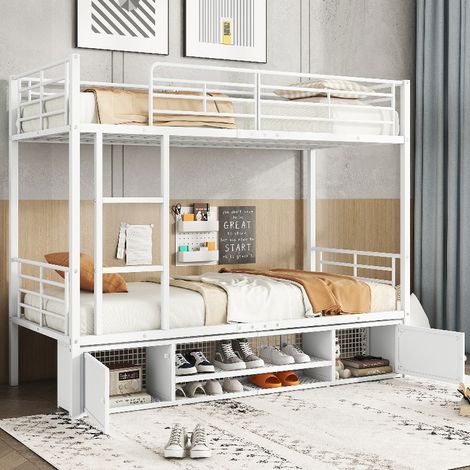 Etagenbett Metall 90x200 cm mit Stauraum und Schuhschrank, Stockbett Weiß mit Rausfallschutz und Leiter, Kinderbett für Jugendliche (1/5)