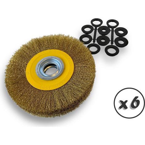 Lot de 6 brosses circulaires LAITON Ø 200 mm Epaisseur 3 rangs Fil dur 0.30 mm ondulé Alésage 32 mm + réducteur bague 25/22/20/16/12 mm Touret affûteuse ponceuse Kibros 238203LTx6 (1/5)