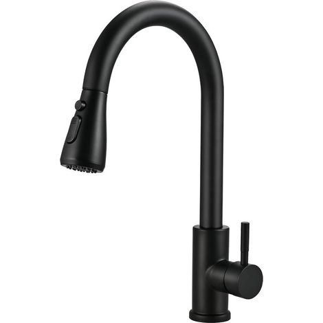 Robinet de cuisine (noir mat) avec douchette extractible, mitigeur pivotant à 360°, robinet d'évier à arc élevé, acier inoxydable, 3 modes, douchette extractible (1/5)