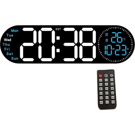 Grande horloge murale LED avec télécommande, fonction compte à rebours, 2 alarmes et affichage de la température, idéale pour les étudiants et les professionnels. (1/5)