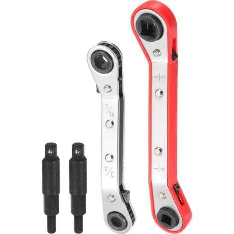 Ensemble de 4 clés à douille de service 1/4" 5/16" 3/16" 3/8" 25° 16 dents Clé à rochet réversible pour valve de climatiseur avec adaptateur de embout hexagonal, 2 couleurs (1/5)