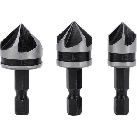 3pcs 1/4" Hex HCS Fraise à Chanfreiner 5 Flûte Foret Embouts pour phanfreiner Évier à Fraise Conique 12mm/16mm/19mm Pour Bois Métal (1/5)