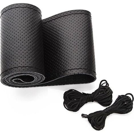 Universal leather car steering wheel cover, DIY stitching, breathable and non-slip, 15" (black) (1/5)