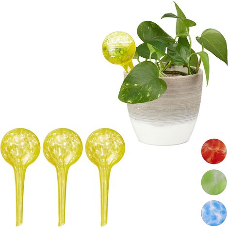 Relaxdays Set of 4 Watering Globes, Regulated Irrigation for Plants & Flowers, Office & Holiday Aid, Glass, Yellow
