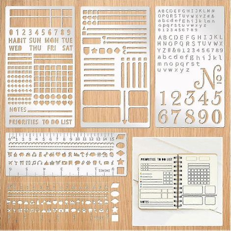 Lot de 4 pochoirs métalliques réutilisables en acier inoxydable pour la création de journaux. le scrapbooking. le suivi des habitudes. l'organisation de la semaine et la prise de notes. (1/5)