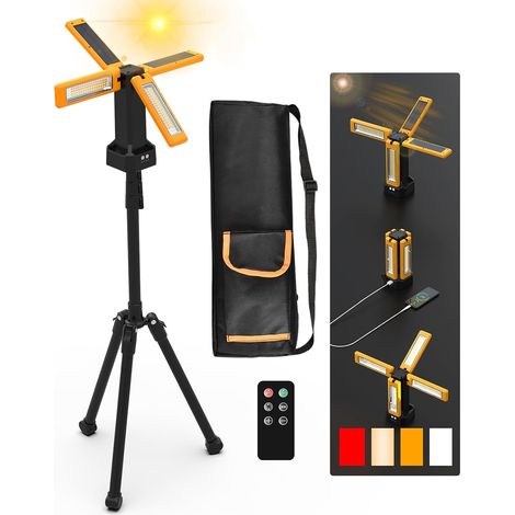Projecteur de Chantier Solaire à LED Avec Trépied, Lampe de Chantier à Batterie Rechargeable 13200 mAh, Luminosité Maximale Jusqu'à 8000 Lumens (Orange avec Télécommande) (1/5)
