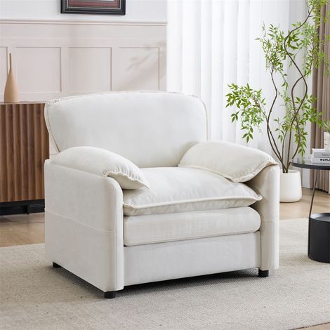 Fauteuil Rétro en Chenille Blanc - 96x92x90cm - Canapé Individuel avec Poches de Rangement Latérales pour Salon et Chambre - Blanc (1/5)