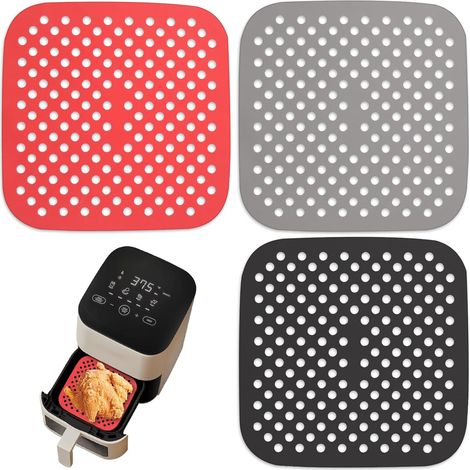 Tappetino in silicone per friggitrice ad aria, set da 3, riutilizzabile, rivestimento antiaderente, silicone, quadrato, 21,5 cm, per casa e ristoranti.